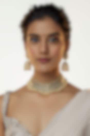 Gold Finish Kundan & Jadtar Stone Choker Necklace Set by Bombay Polki at Pernia's Pop Up Shop