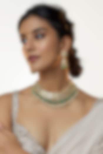Gold Finish Kundan & Pastel Green Aventurine Drop Choker Necklace Set by Bombay Polki at Pernia's Pop Up Shop