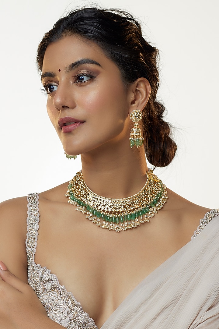 Gold Finish Kundan & Pastel Green Aventurine Drop Choker Necklace Set by Bombay Polki at Pernia's Pop Up Shop