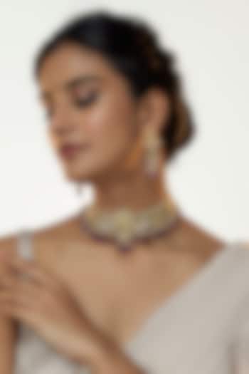 Gold Finish Kundan & Purple Amethyst Beaded Choker Necklace Set by Bombay Polki at Pernia's Pop Up Shop