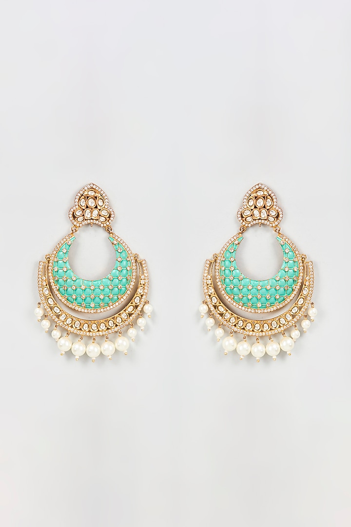 Gold Plated Kundan Polki Enameled Chandbali Earrings by Bombay Polki at Pernia's Pop Up Shop