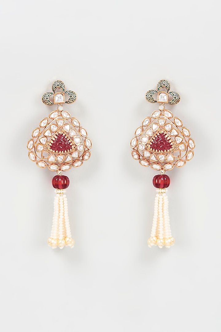 Gold Plated Kundan Polki & Ruby Dangler Earrings by Bombay Polki