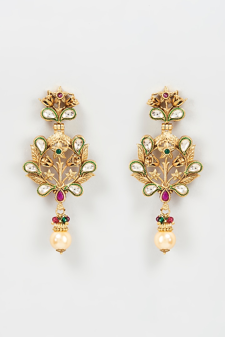 Gold Plated Semi-Precious Beaded Enameled Dangler Earrings by Bombay Polki at Pernia's Pop Up Shop