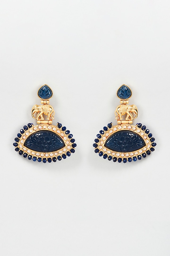 Gold Plated Carved Stone Earrings by Bombay Polki