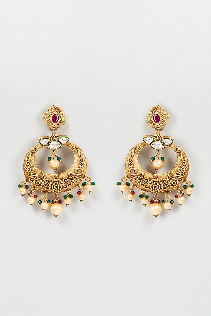 Gold Plated Kundan Polki Chandbali Earrings by Bombay Polki