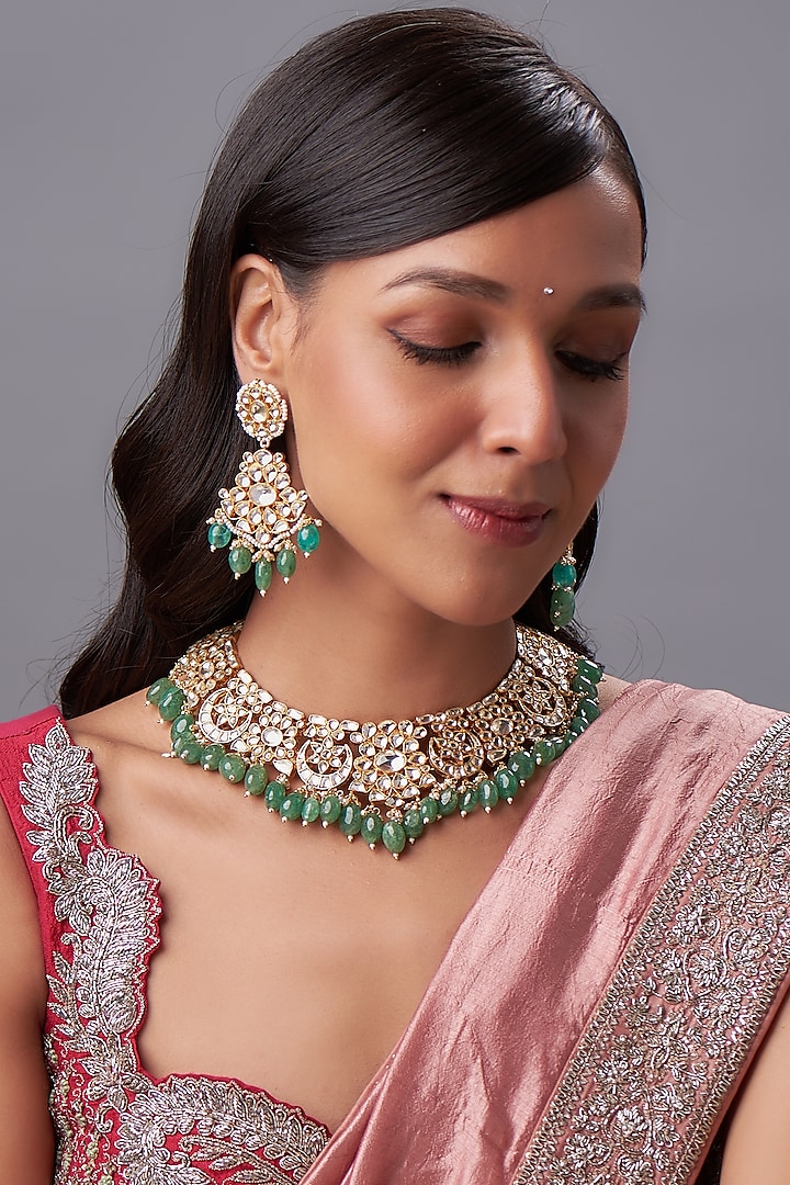 Gold Finish Kundan Polki & White Pearl Choker Necklace Set by Bombay Polki at Pernia's Pop Up Shop