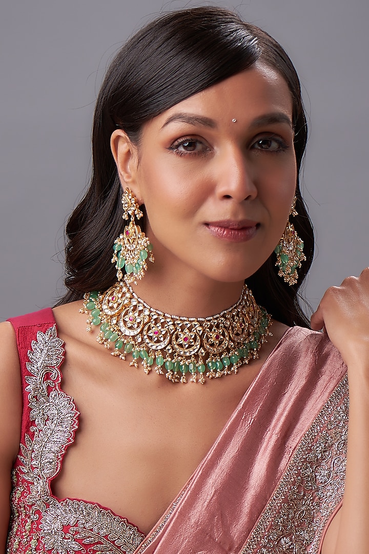 Gold Finish Kundan Polki & White Pearl Choker Necklace Set by Bombay Polki at Pernia's Pop Up Shop