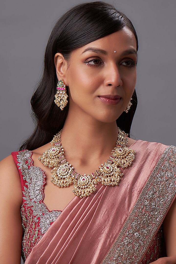 Gold Finish Kundan Polki & White Pearl Necklace Set by Bombay Polki at Pernia's Pop Up Shop