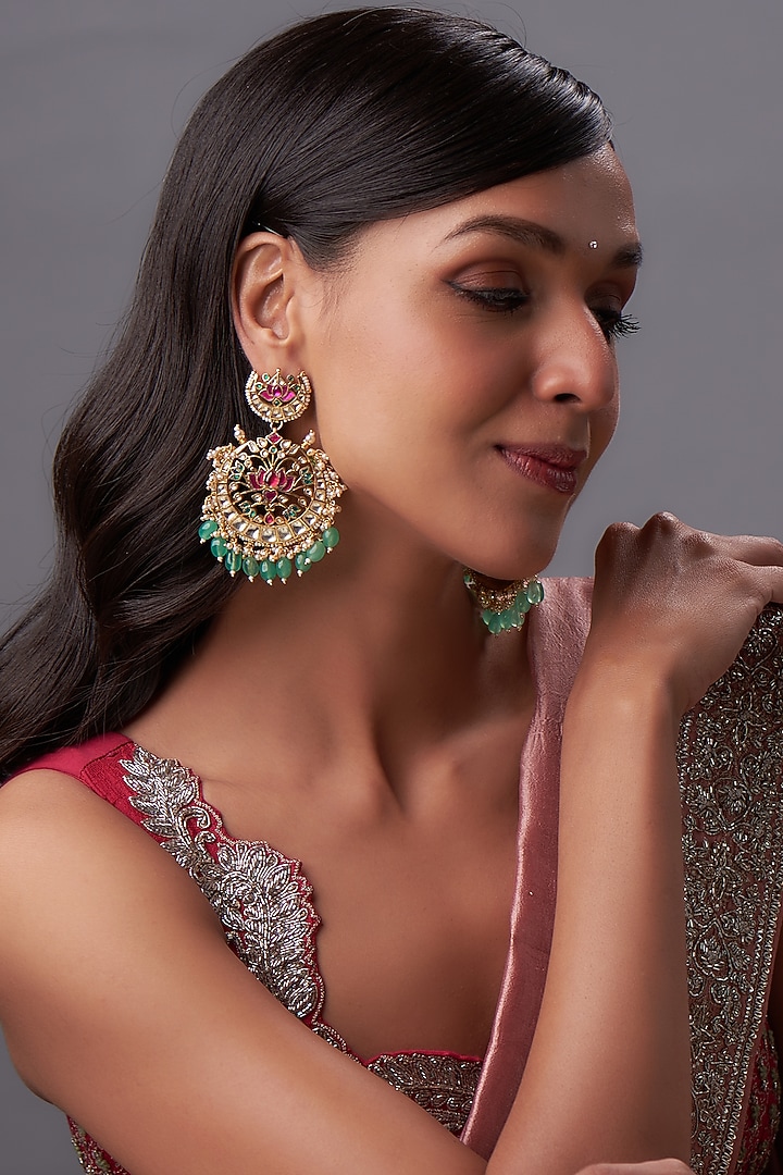 Gold Finish Kundan Polki & White Pearl Chandbaali Earrings by Bombay Polki at Pernia's Pop Up Shop