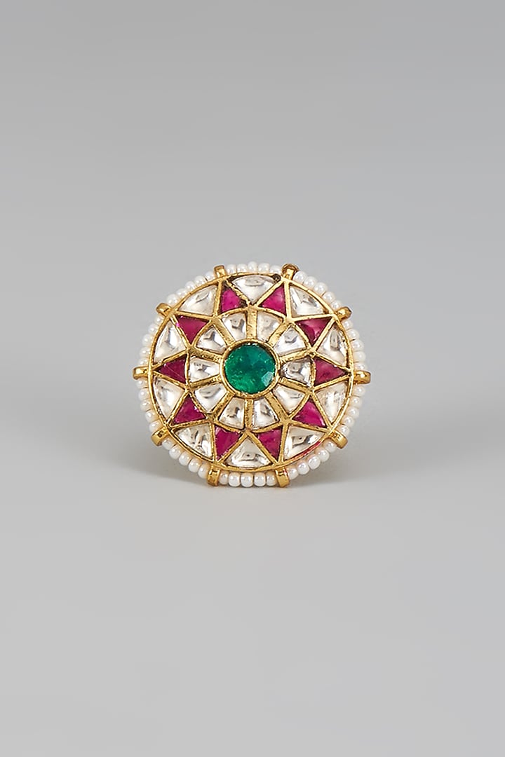 Gold Finish Kundan Polki Jadtar Ring by Bombay Polki at Pernia's Pop Up Shop