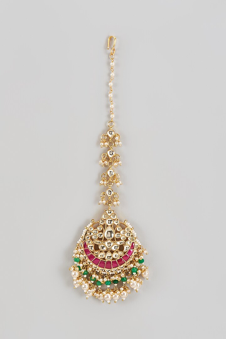Gold Finish Kundan Polki & Pearl Maangtikka by Bombay Polki at Pernia's Pop Up Shop