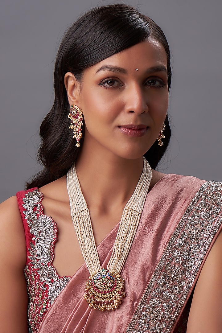 Gold Finish Kundan Polki & Pearl Long Necklace Set by Bombay Polki
