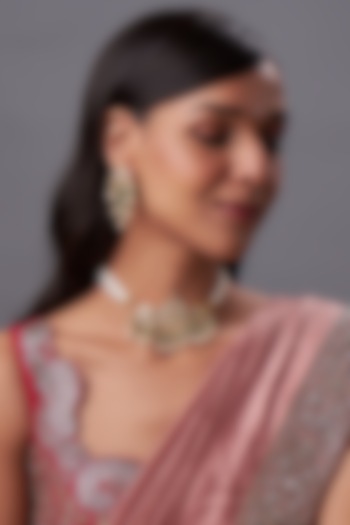 Gold Finish Kundan Polki & Pearl Choker Necklace Set by Bombay Polki