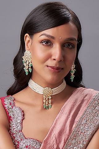 Gold Finish Kundan Polki & Pearl Choker Necklace Set by Bombay Polki