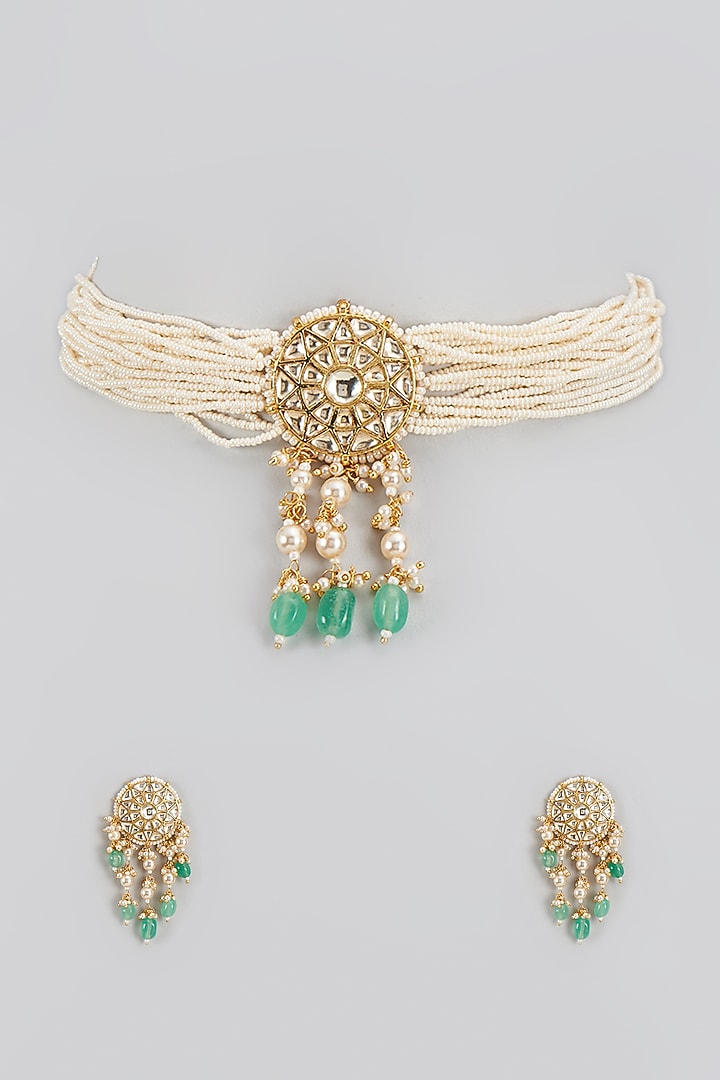 Gold Finish Kundan Polki & Pearl Choker Necklace Set by Bombay Polki at Pernia's Pop Up Shop