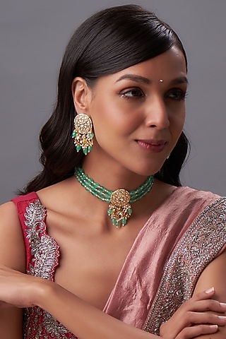 Gold Finish Kundan Polki & Pearl Choker Necklace Set by Bombay Polki