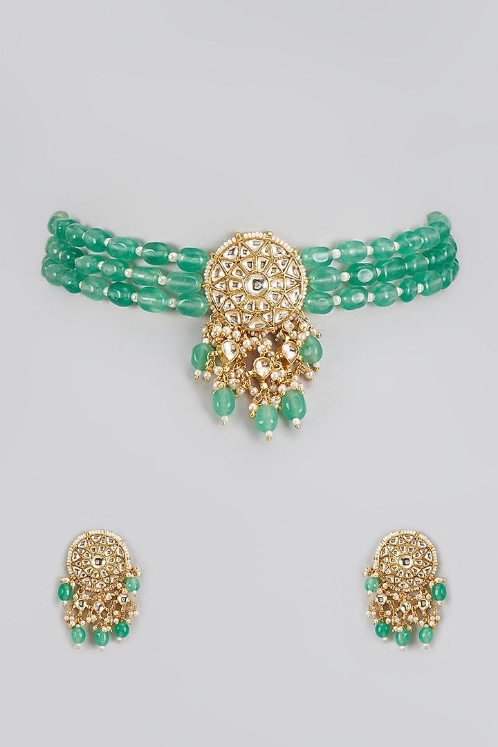 Gold Finish Kundan Polki & Pearl Choker Necklace Set by Bombay Polki at Pernia's Pop Up Shop