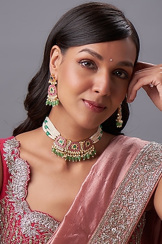 Gold Finish Kundan Polki & Pearl Choker Necklace Set by Bombay Polki