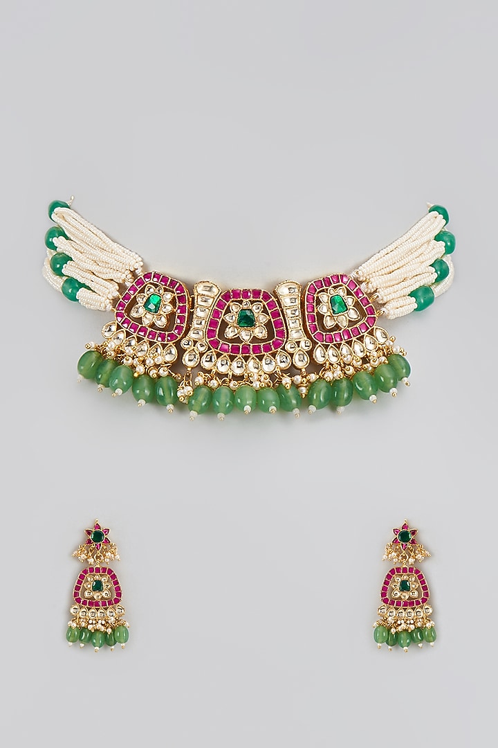Gold Finish Kundan Polki & Pearl Choker Necklace Set by Bombay Polki at Pernia's Pop Up Shop