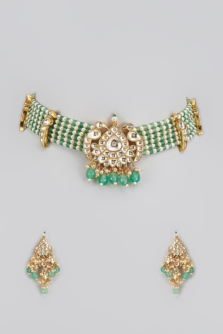 Gold Finish Kundan Polki & Pearl Choker Necklace Set by Bombay Polki at Pernia's Pop Up Shop