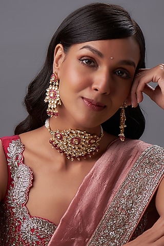 Gold Finish Kundan Polki & Pearl Choker Necklace Set by Bombay Polki