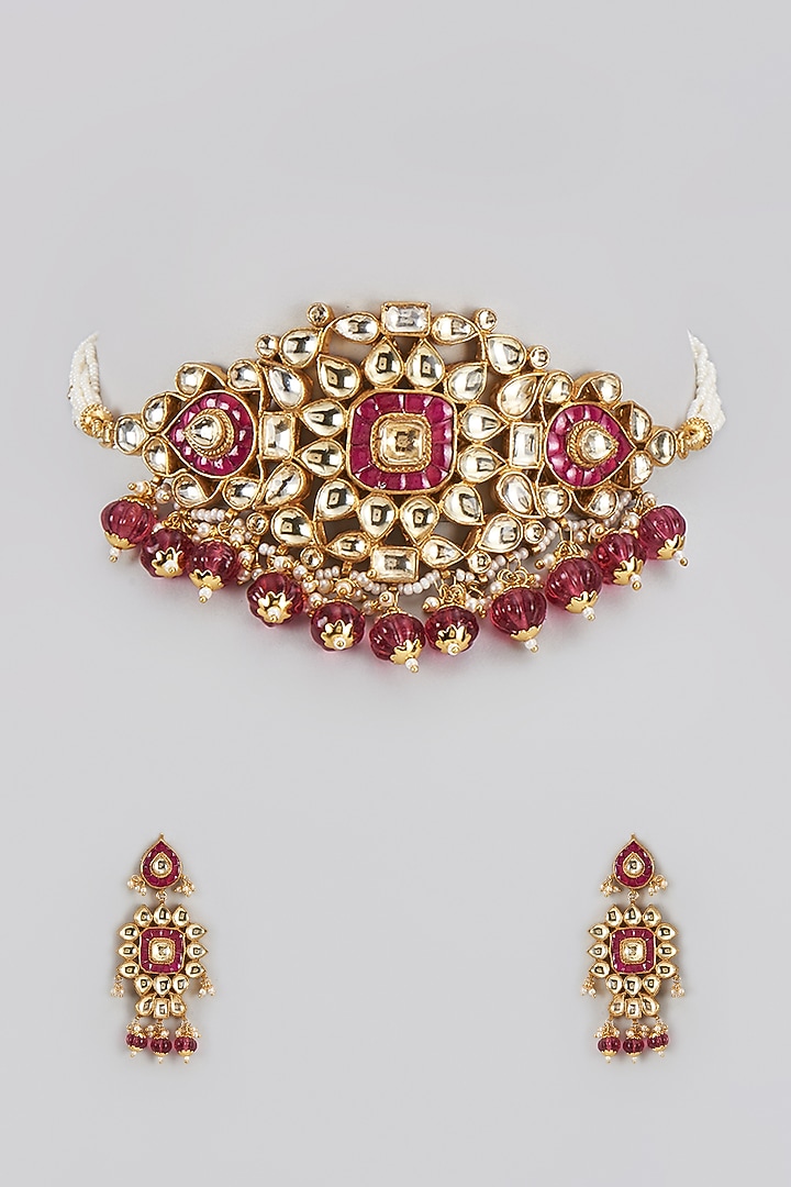 Gold Finish Kundan Polki & Pearl Choker Necklace Set by Bombay Polki at Pernia's Pop Up Shop