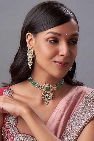 Gold Finish Kundan Polki & Pearl Choker Necklace Set by Bombay Polki