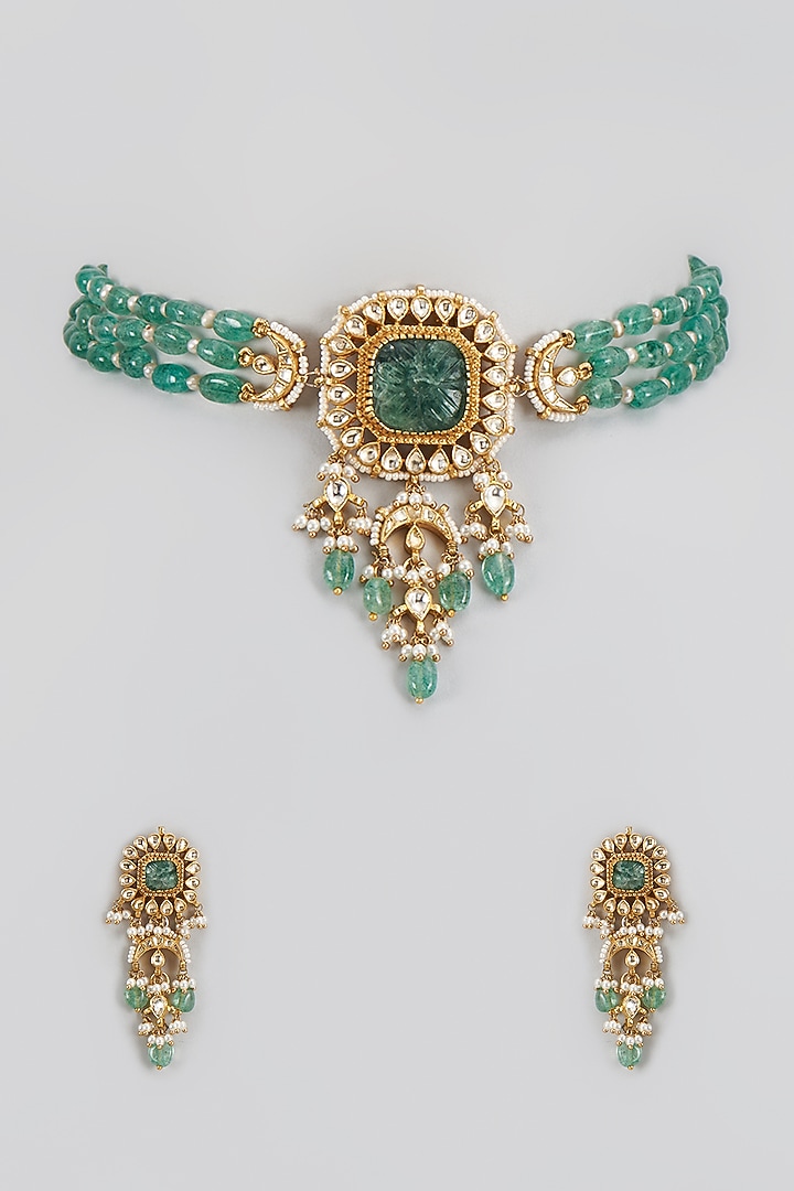 Gold Finish Kundan Polki & Pearl Choker Necklace Set by Bombay Polki at Pernia's Pop Up Shop