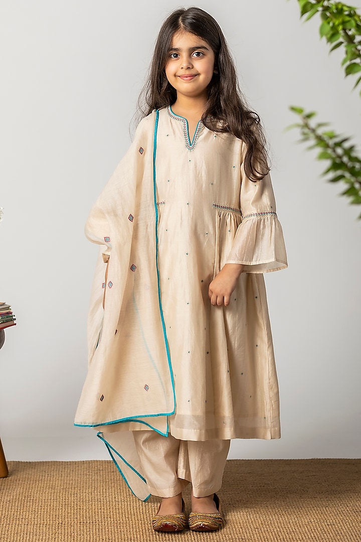Ivory Embroidered Kurta Set For Girls by Boteh