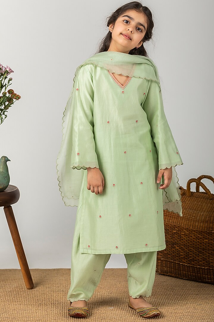 Mint Embroidered Straight Kurta Set For Girls by Boteh at Pernia's Pop Up Shop