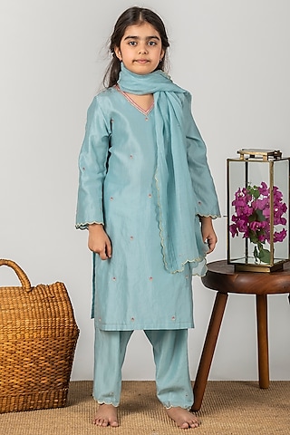 Chalk Blue Embroidered Straight Kurta Set For Girls by Boteh