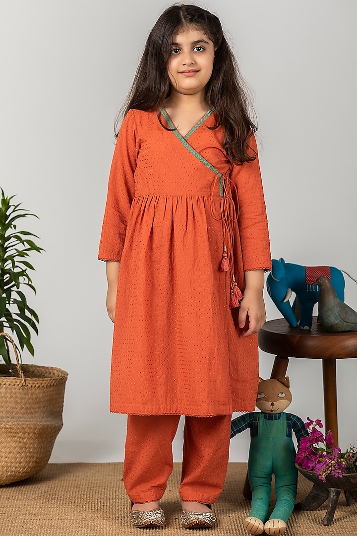 Orange Embroidered Angrakha Kurta Set For Girls by Boteh