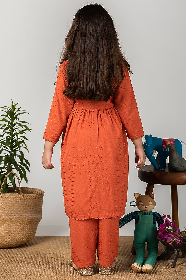 Orange Embroidered Angrakha Kurta Set For Girls by Boteh at Pernia's Pop Up Shop