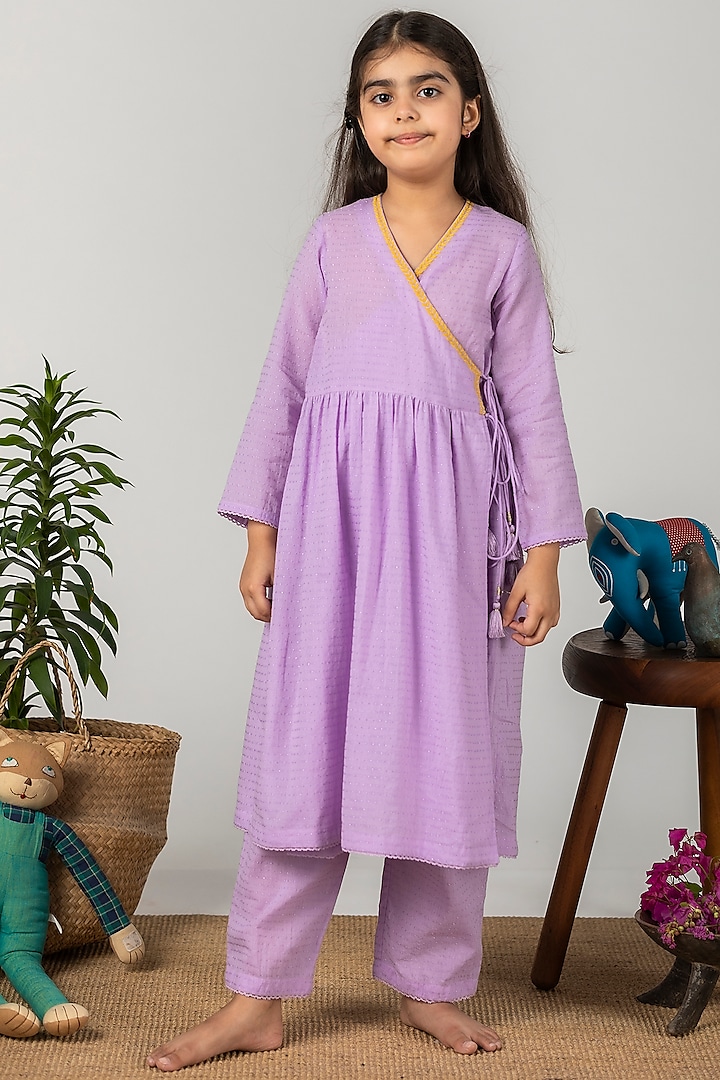 Lilac Embroidered Angrakha Kurta Set For Girls by Boteh