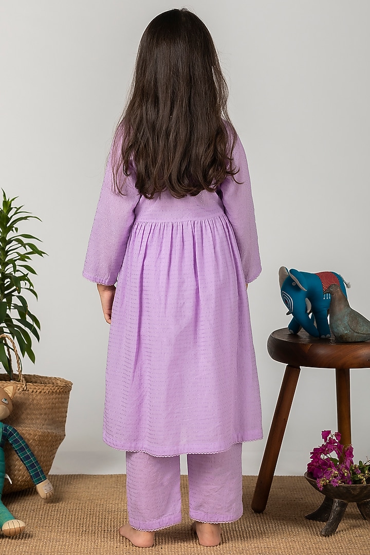 Lilac Embroidered Angrakha Kurta Set For Girls by Boteh at Pernia's Pop Up Shop