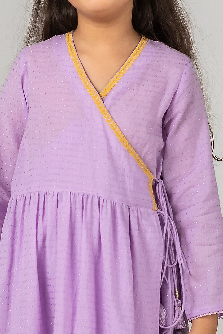 Lilac Embroidered Angrakha Kurta Set For Girls by Boteh at Pernia's Pop Up Shop