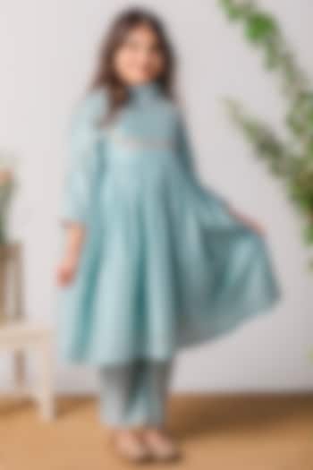 Chalk Blue Embroidered Gathered Kurta Set For Girls by Boteh