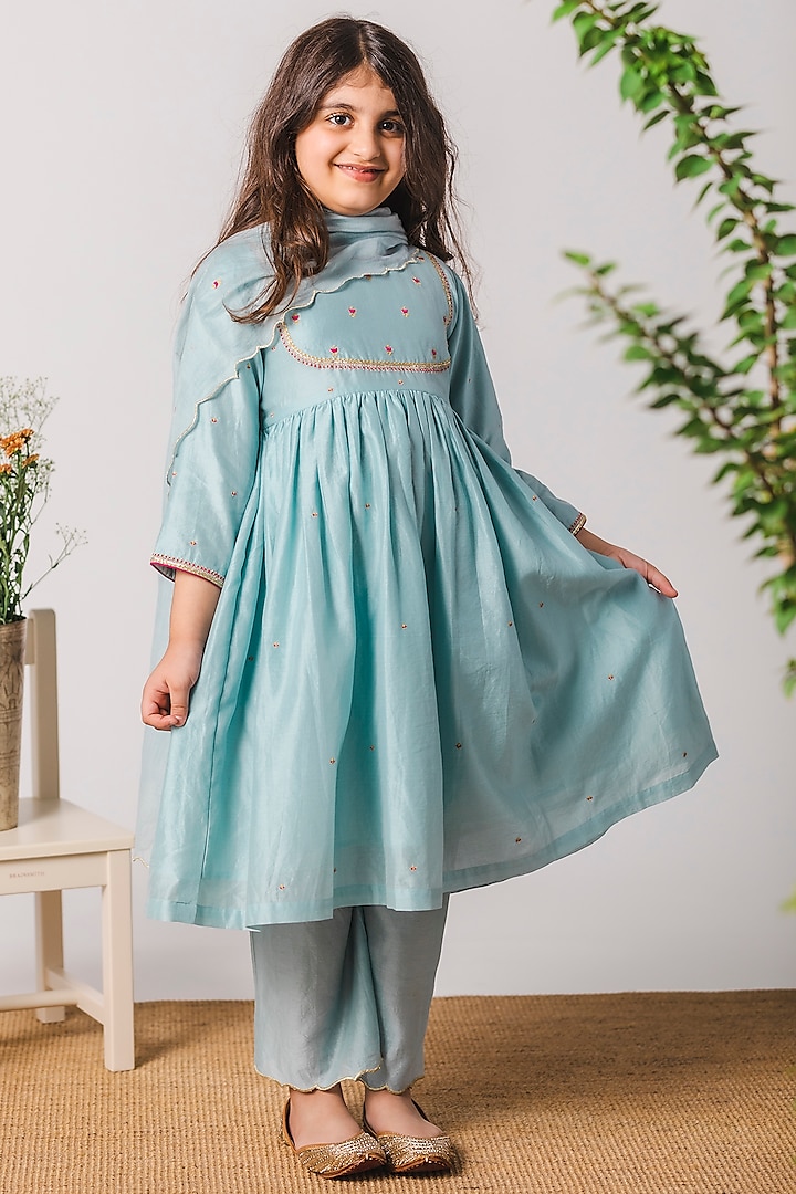 Chalk Blue Embroidered Gathered Kurta Set For Girls by Boteh at Pernia's Pop Up Shop