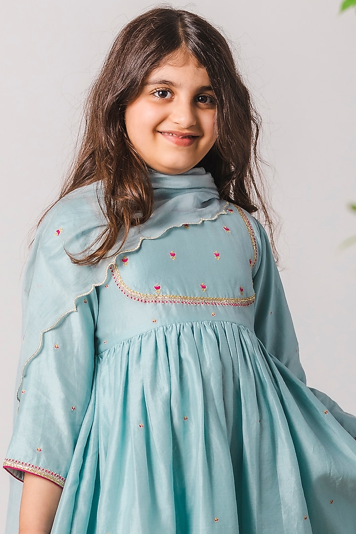 Chalk Blue Embroidered Gathered Kurta Set For Girls by Boteh at Pernia's Pop Up Shop
