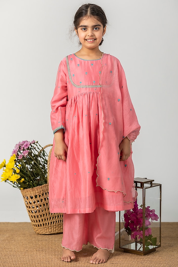 Geranium Pink Embroidered Gathered Kurta Set For Girls by Boteh