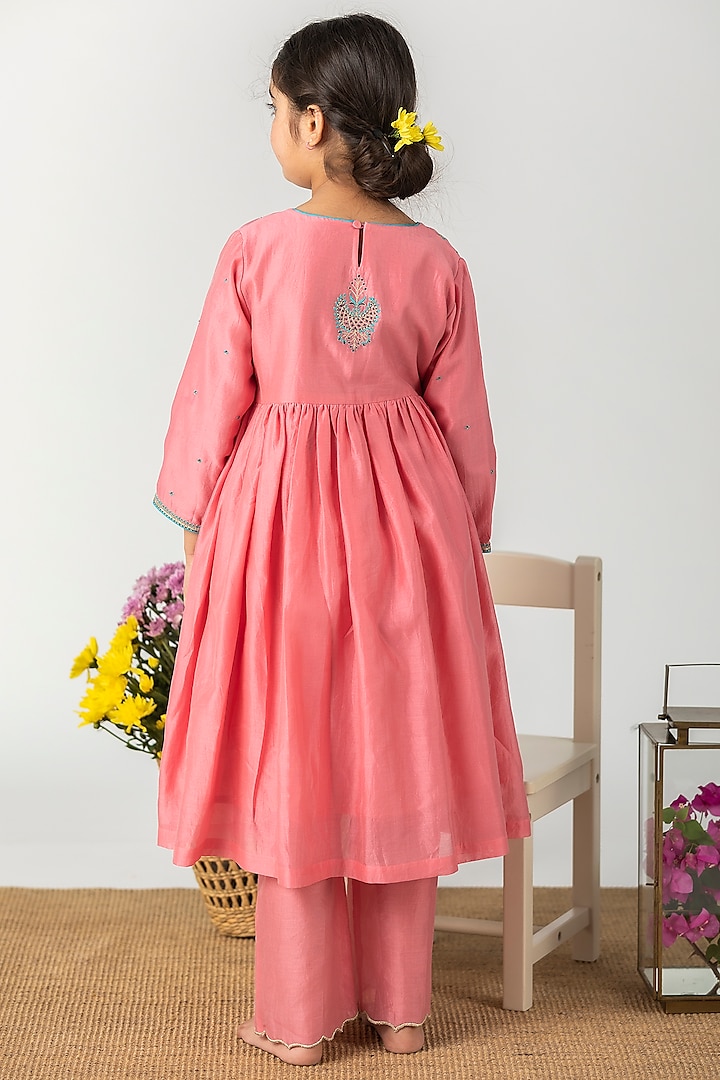 Geranium Pink Embroidered Gathered Kurta Set For Girls by Boteh at Pernia's Pop Up Shop