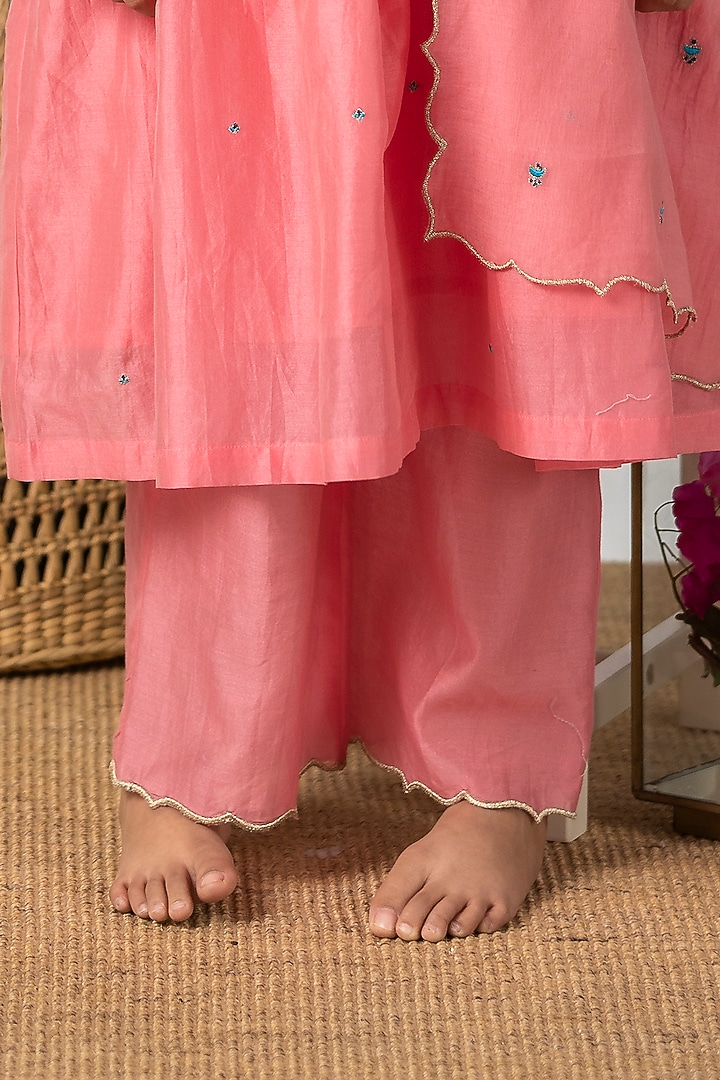 Geranium Pink Embroidered Gathered Kurta Set For Girls by Boteh at Pernia's Pop Up Shop