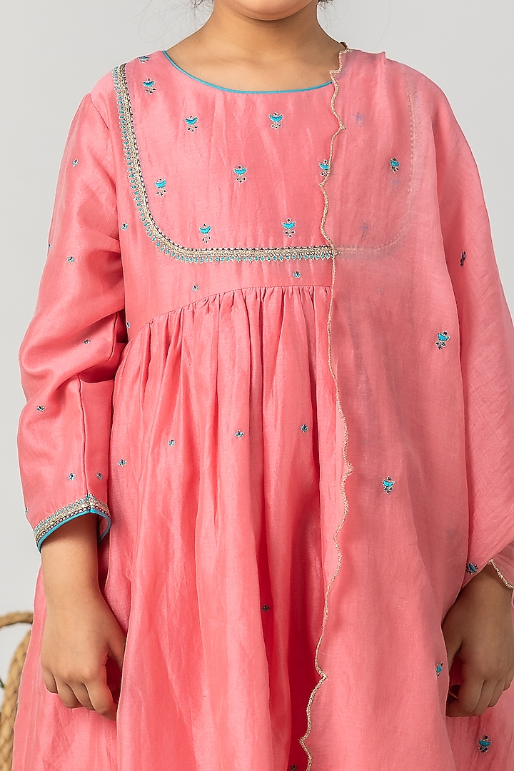 Geranium Pink Embroidered Gathered Kurta Set For Girls by Boteh at Pernia's Pop Up Shop