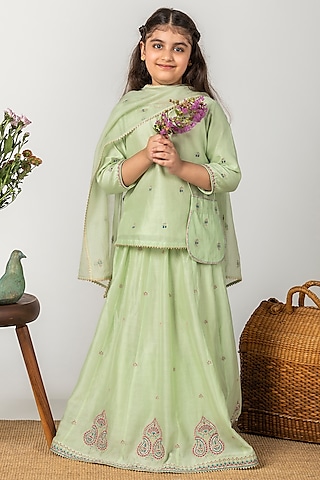 Mint Embroidered Lehenga Set For Girls by Boteh