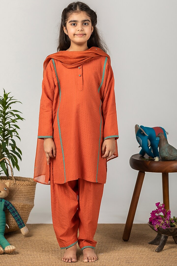 Orange Embroidered Kurta Set For Girls by Boteh at Pernia's Pop Up Shop
