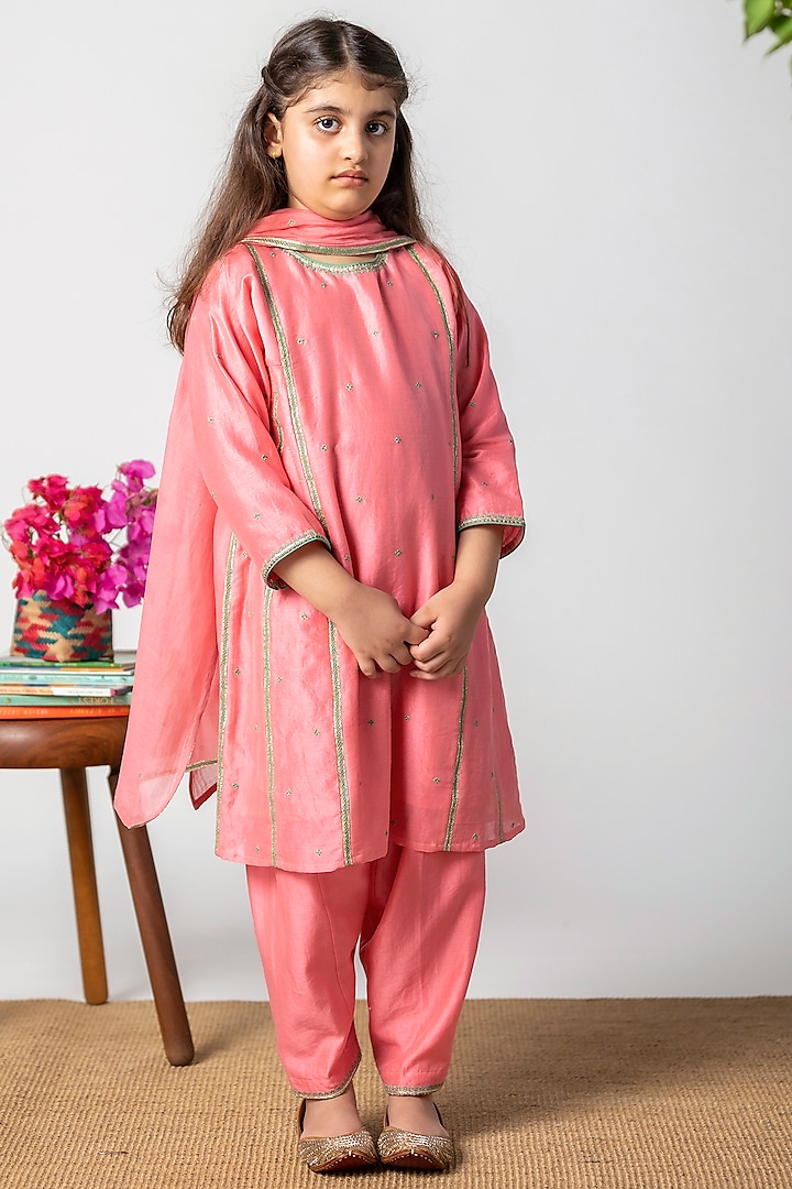Charm Pink Embroidered Kalidar Kurta Set For Girls by Boteh