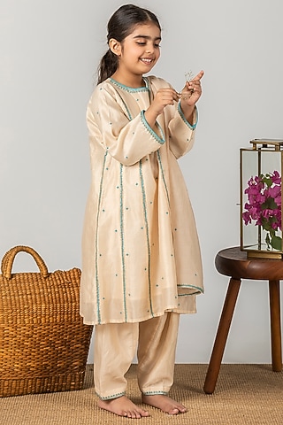 Ivory Embroidered Kalidar Kurta Set For Girls by Boteh