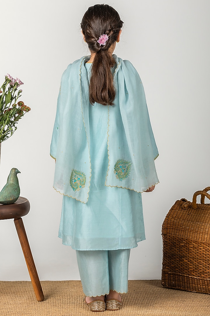 Chalk Blue Embroidered Kalidar Kurta Set For Girls by Boteh at Pernia's Pop Up Shop