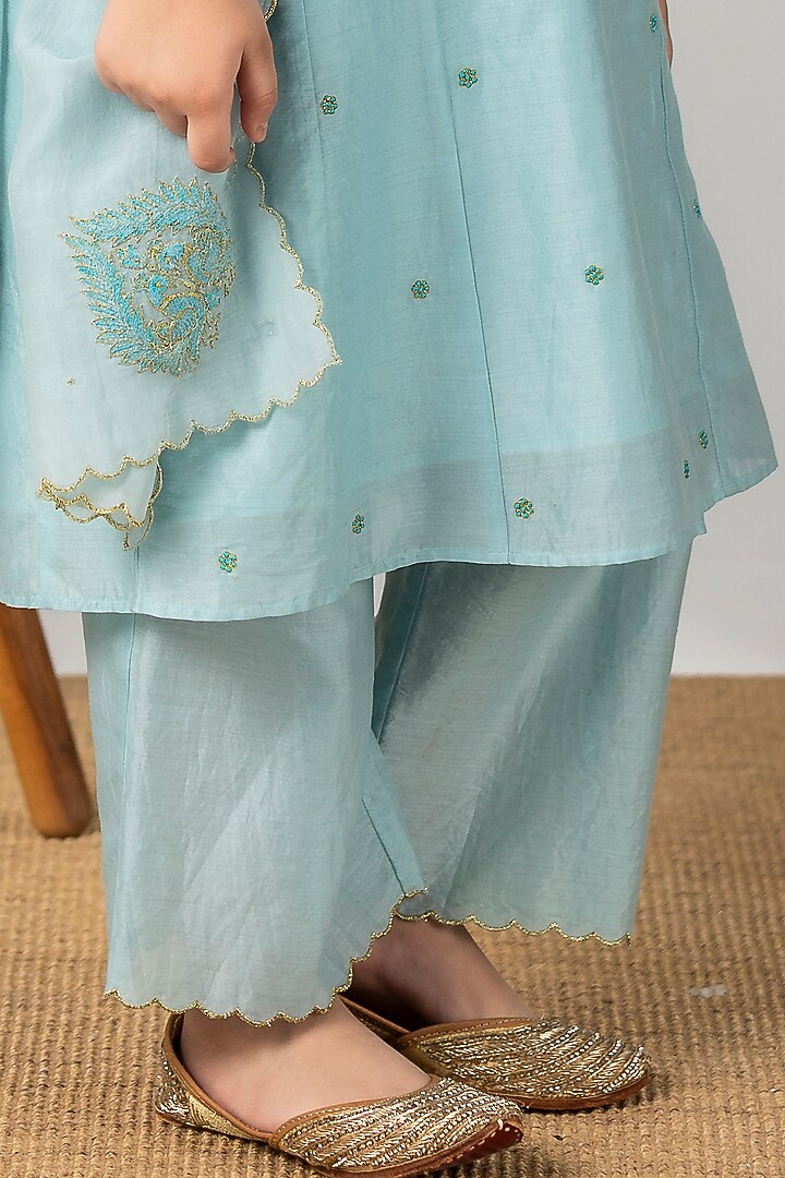 Chalk Blue Embroidered Kalidar Kurta Set For Girls by Boteh at Pernia's Pop Up Shop