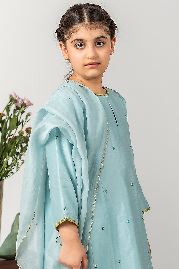 Chalk Blue Embroidered Kalidar Kurta Set For Girls by Boteh at Pernia's Pop Up Shop